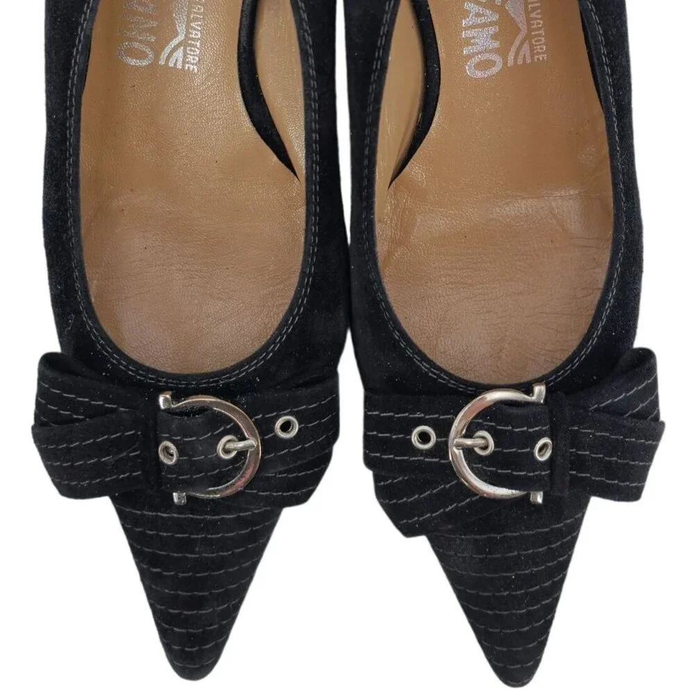 Vintage Salvatore Ferragamo Black Striped Suede Formal Slingback Kitten Heel 8AA - Picture 2 of 16
